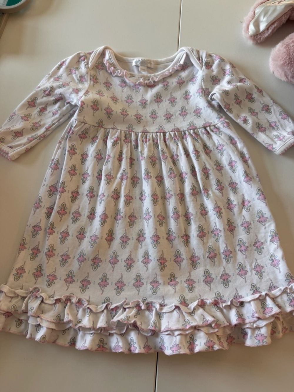 Magnolia Baby White/Pink Ballerina Pattern Ruffle Baby Dress 9-12mo